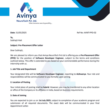 Software Developer — Joining Letter