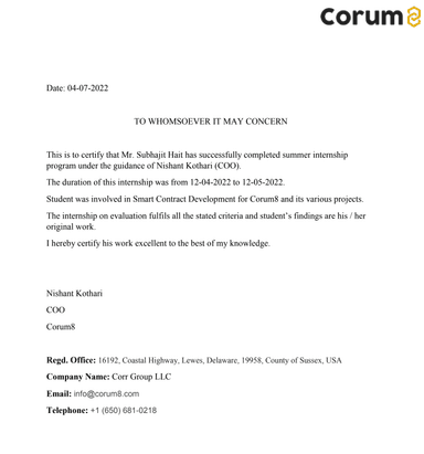 Internship Certificate – Smart Contract Developer